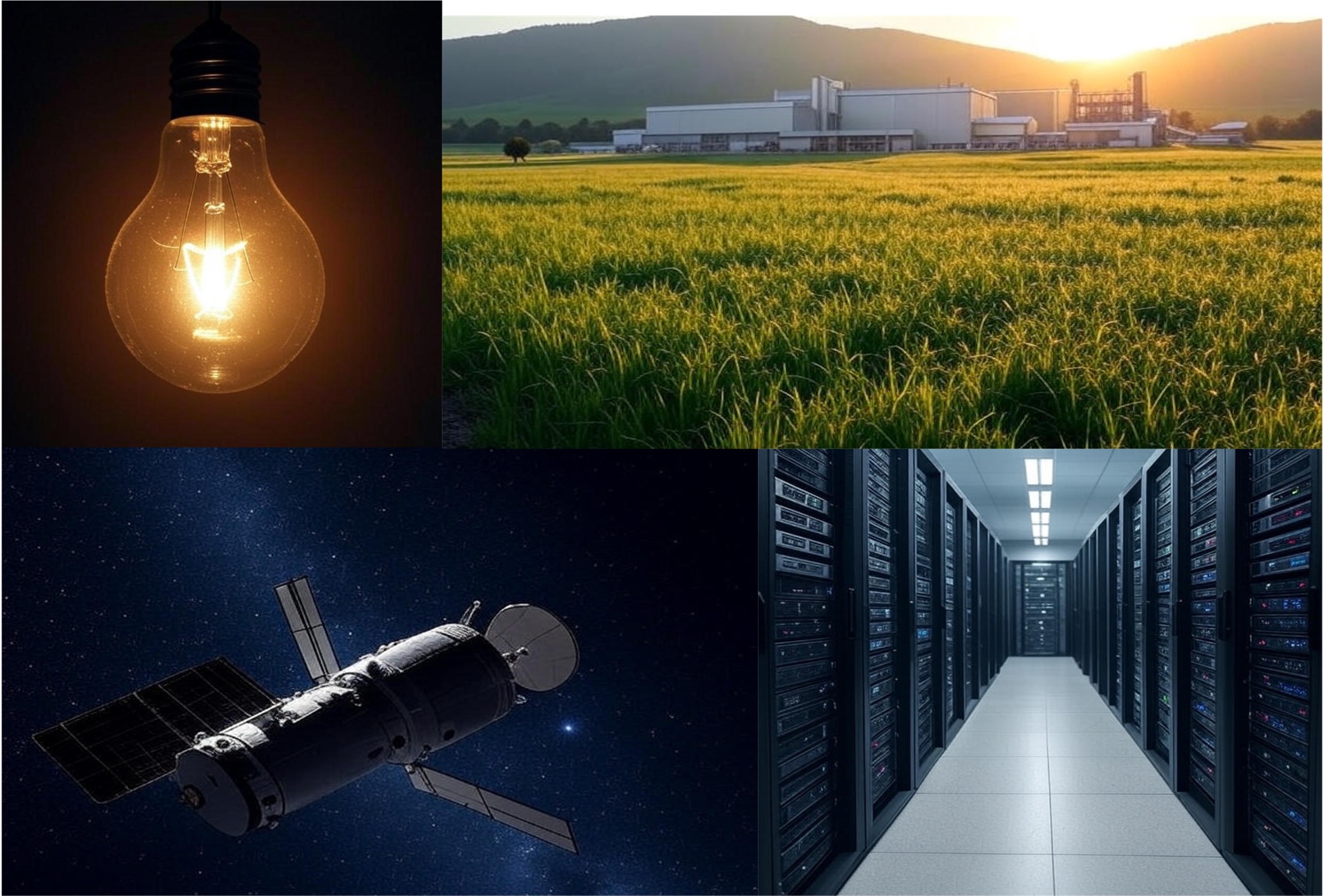 A collage of lighting, industry, space technology, and data centers